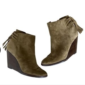 Frye "Cece" Suede Tassel Lace Booties With Stacked Wood Wedge Heel Size 9